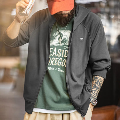 Maden Men's Casual Loose Fit Hoodie Raglan Sleeves Heather Gray Cardigan Ribbed Hem Long Sleeve Outerwear for Spring Fall