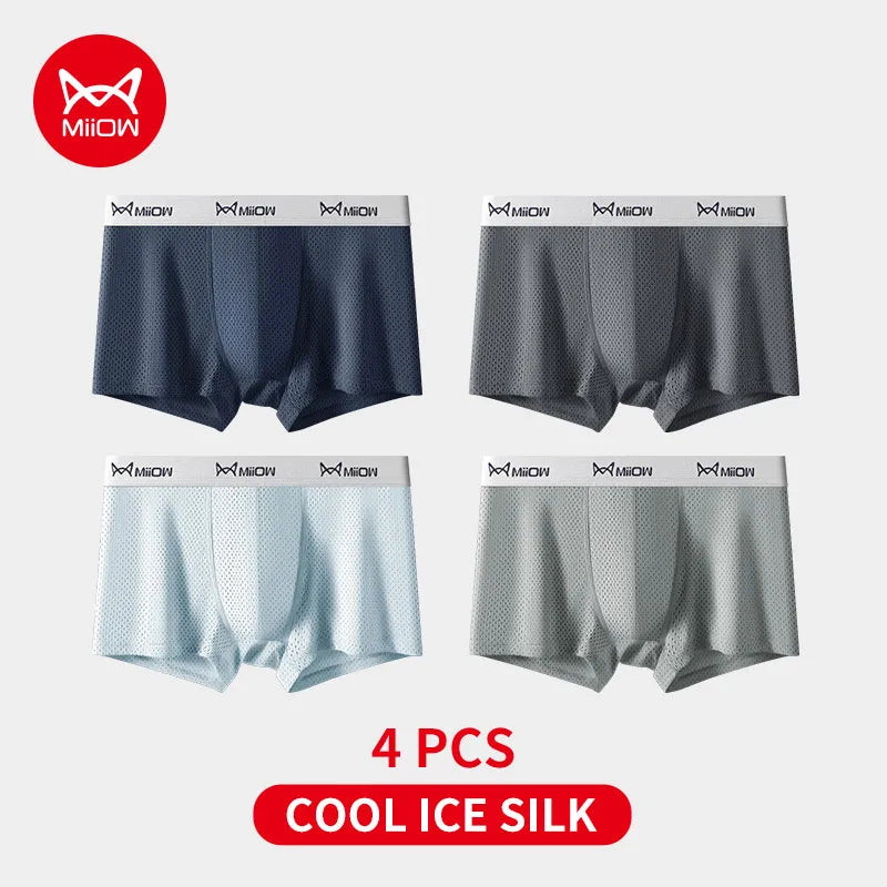 MiiOW Men's Ice Silk Underwear 4Pcs Breathable Mesh Boxers Antibacterial Crotch