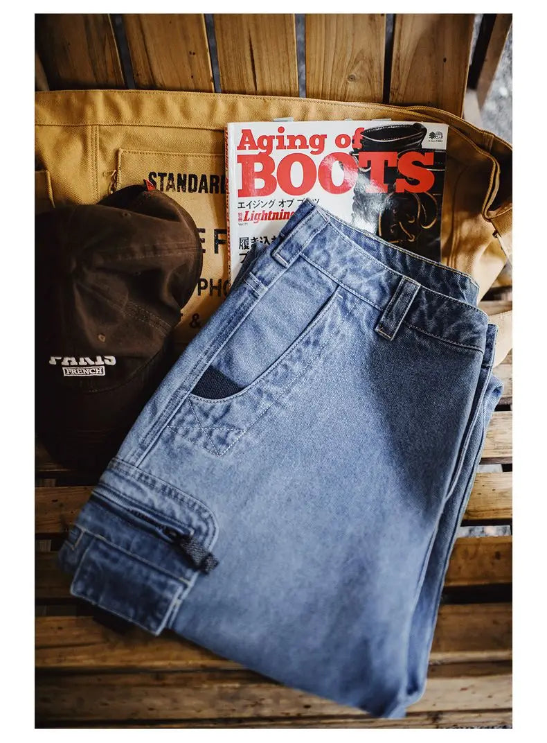 Maden Men's Vintage 10.5oz Washed Denim Jeans Loose Fit Cargo Pocket Workwear Pants Casual Blue Trousers for Spring and Autumn