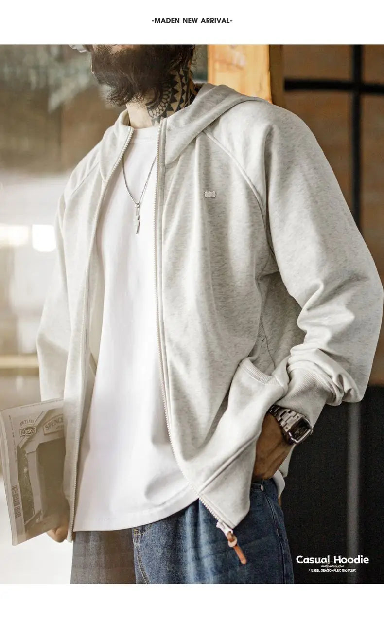 Maden Men's Casual Loose Fit Hoodie Raglan Sleeves Heather Gray Cardigan Ribbed Hem Long Sleeve Outerwear for Spring Fall