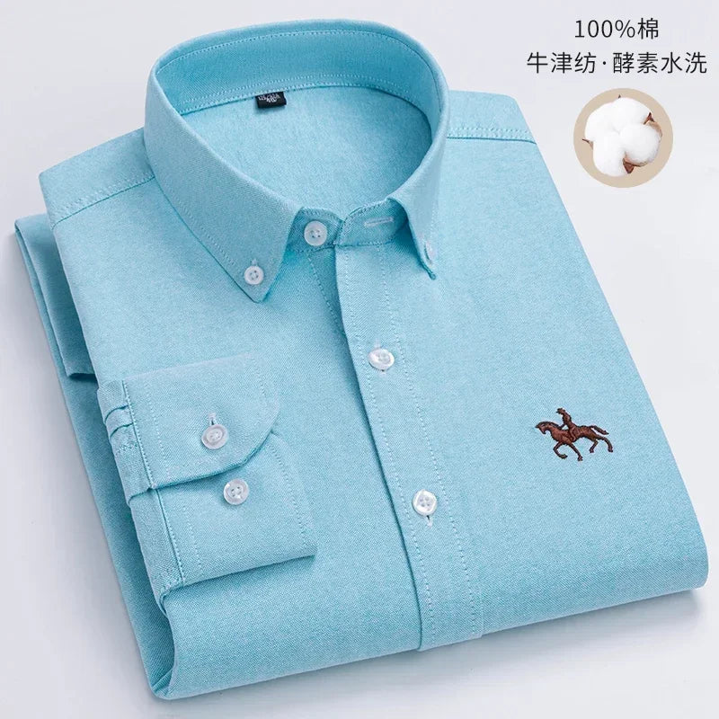 Pure Cotton Oxford Embroidered Horse Shirt for Men - Oversized Floral Long Sleeve Casual Streetwear Plus Size