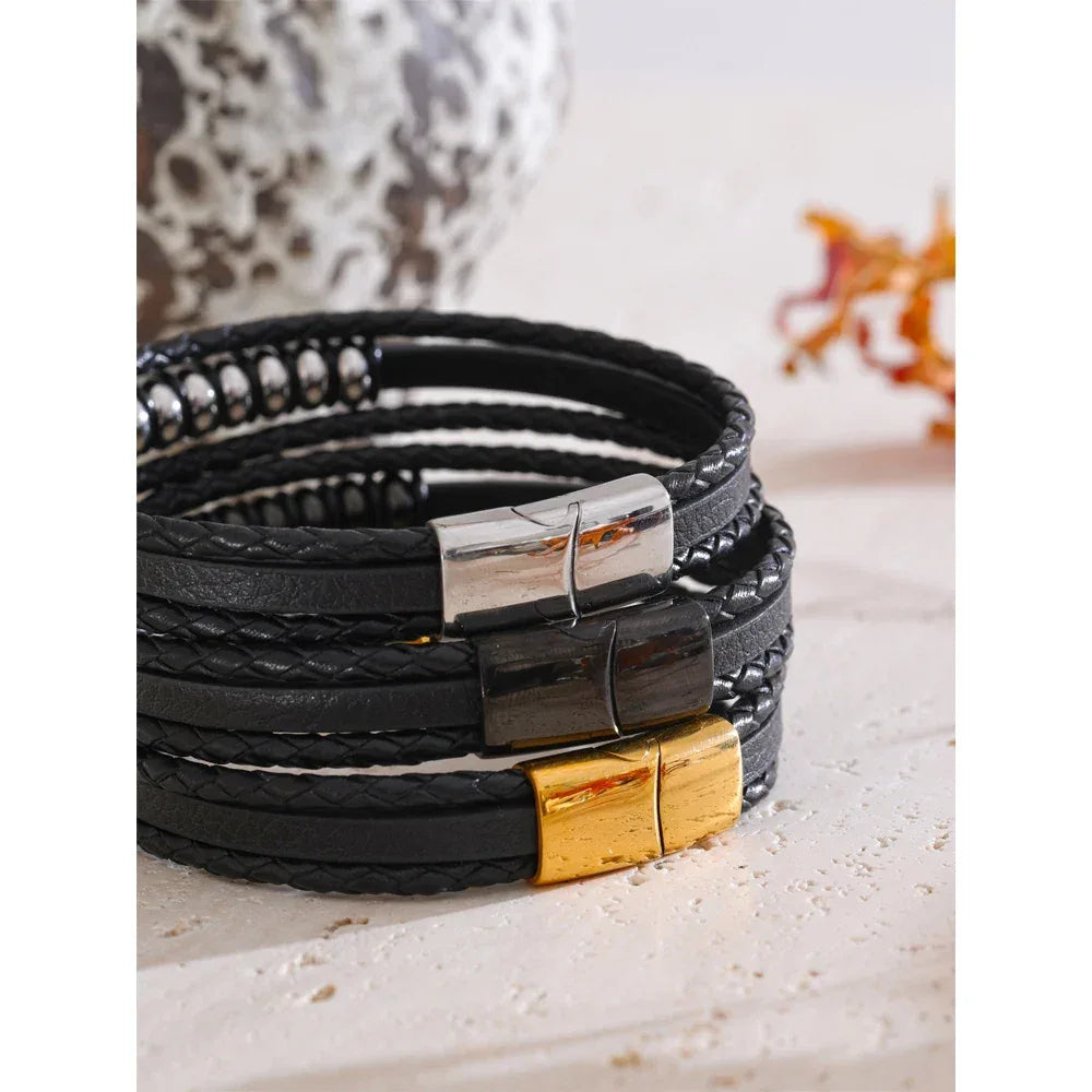Stylish Black Fibre Leather Layered Men's Wrist Bracelet Bangle - ShopHub