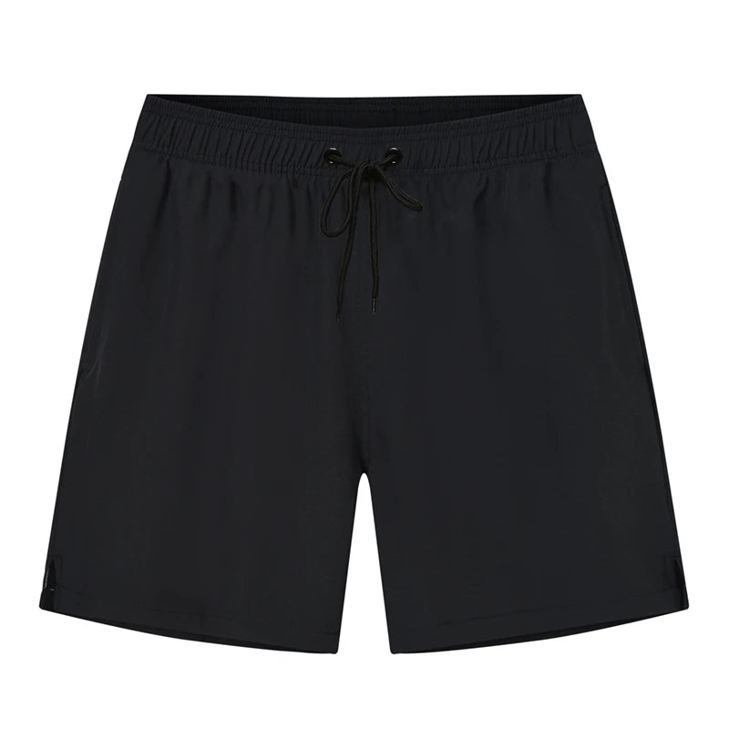 Men's summer boardshorts with elastic waist, side zipper pocket, polyester-spandex blend, suitable for gym, beach, and swim.