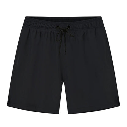 Men's summer boardshorts with elastic waist, side zipper pocket, polyester-spandex blend, suitable for gym, beach, and swim.