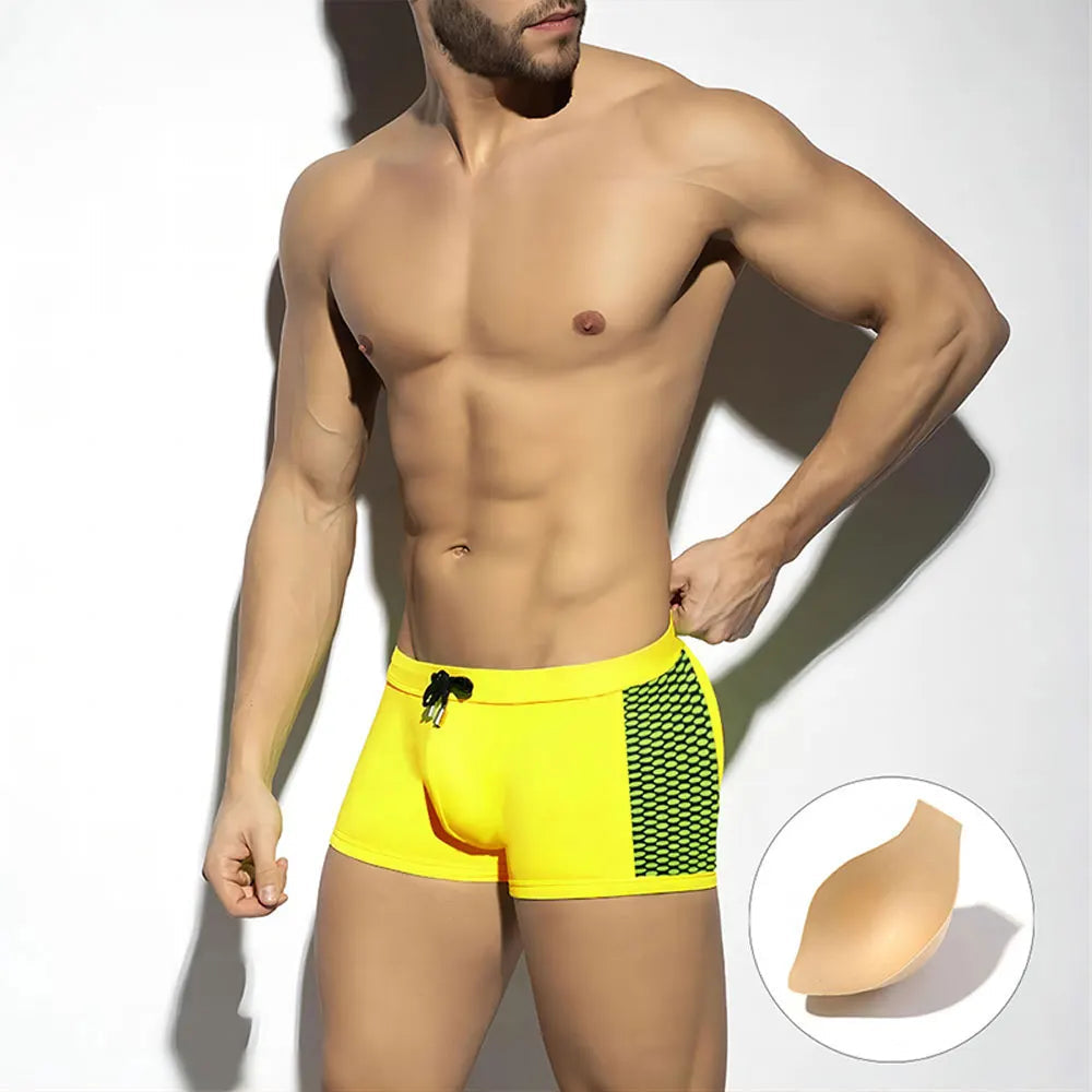 UXH Men's Swimwear Low Waist Surfing Trunk swim short sexy personality Swimsuit male pocket swimming beach board short men bathing Yellow With Pad