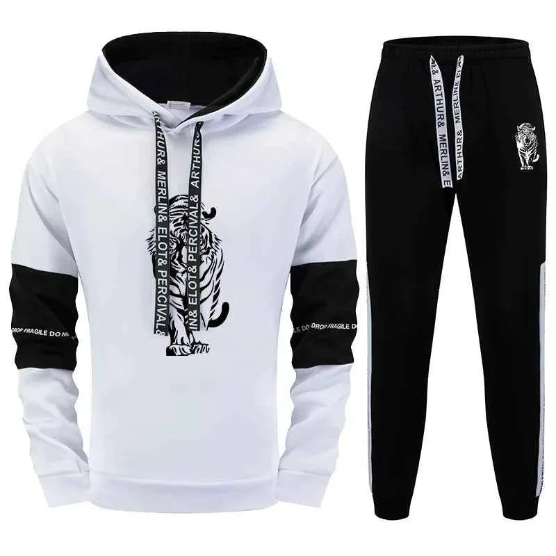 Tiger Printed Men's Tracksuit - Black White Mix Hoodies and Sweatpants for Urban Fashion Casual Outfits