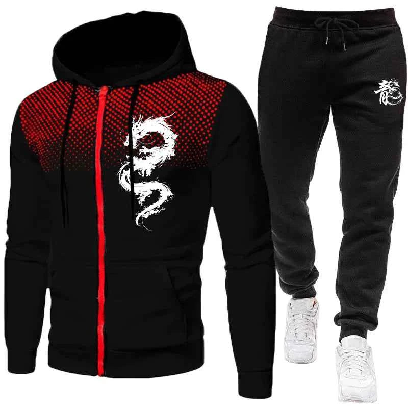 Men's Dragon Print Tracksuit - Urban Casual Fashion Hoodie and Jogger Pants Set for Stylish Comfort