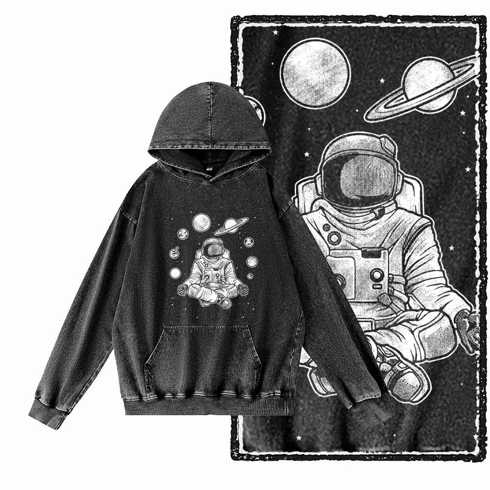 Orbit Runner Astronaut Acid-Washed Black Hoodie
