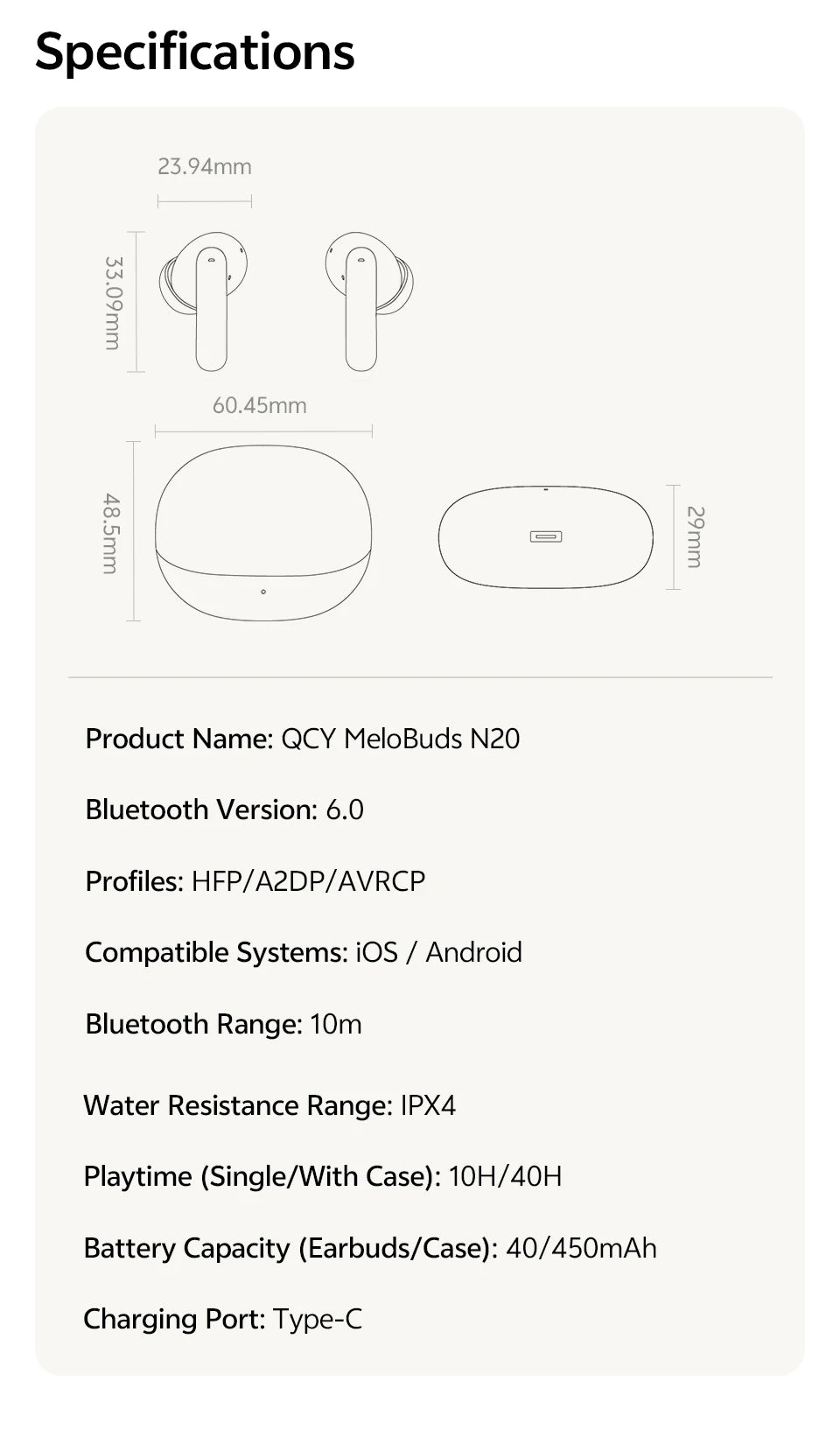 QCY MeloBuds N20 Earphones - Wireless Bluetooth 6.0 with 13mm Drivers and 50dB Adaptive Hybrid Noise Cancelling, 40Hrs Battery Life - ShopHub