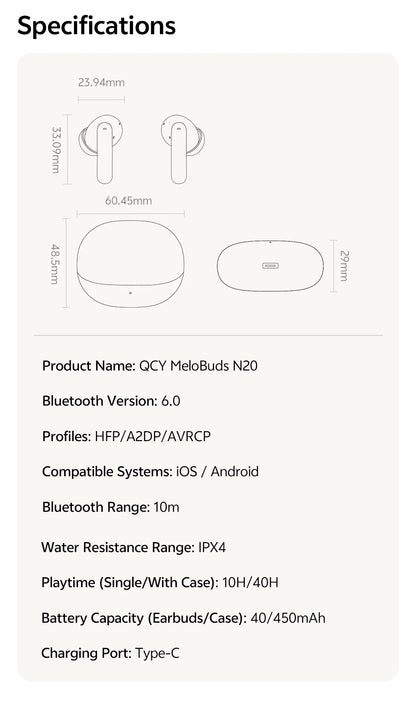 QCY MeloBuds N20 Earphones - Wireless Bluetooth 6.0 with 13mm Drivers and 50dB Adaptive Hybrid Noise Cancelling, 40Hrs Battery Life - ShopHub