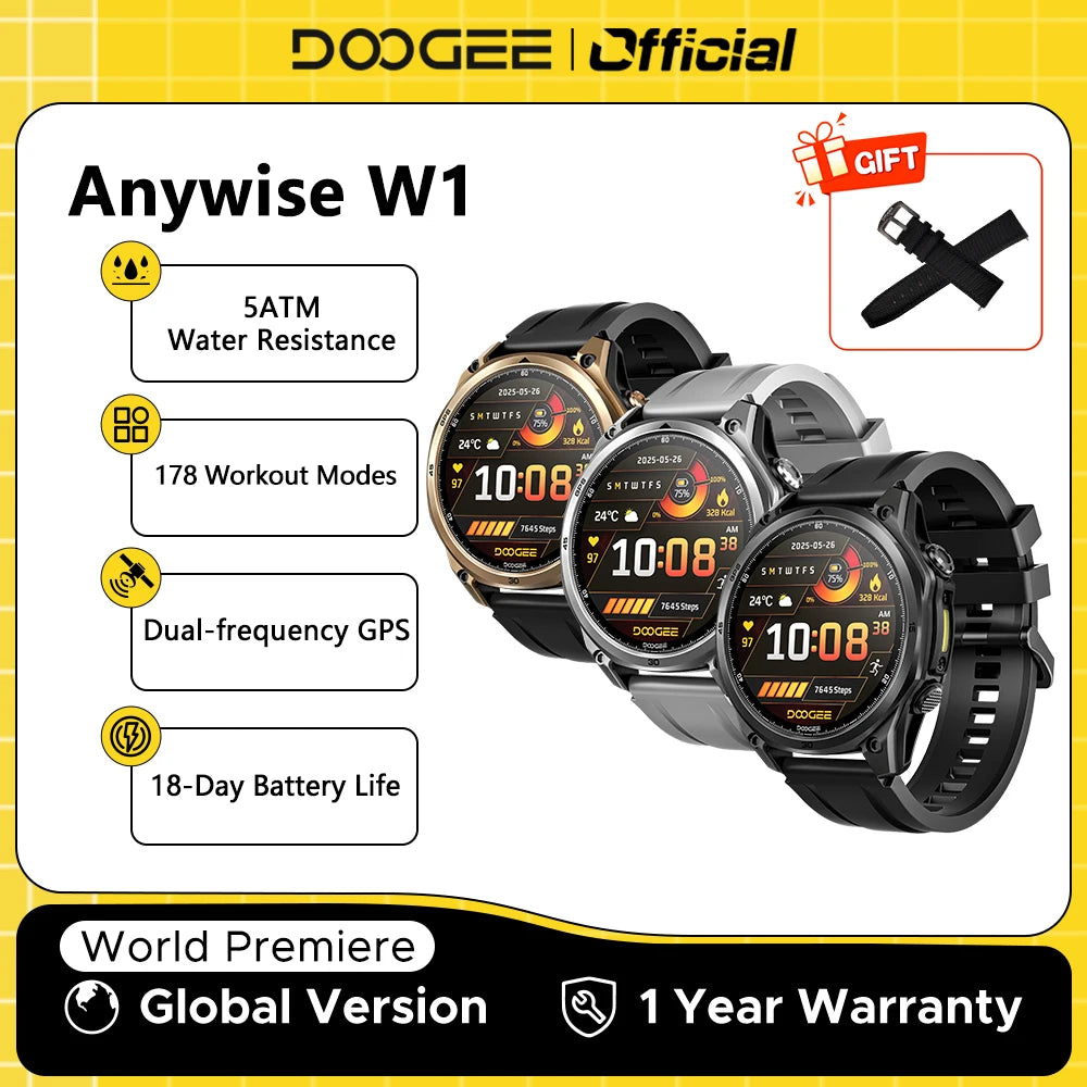 DOOGEE Anywise W1 AMOLED Smartwatch – Dual-Band GPS & Calls