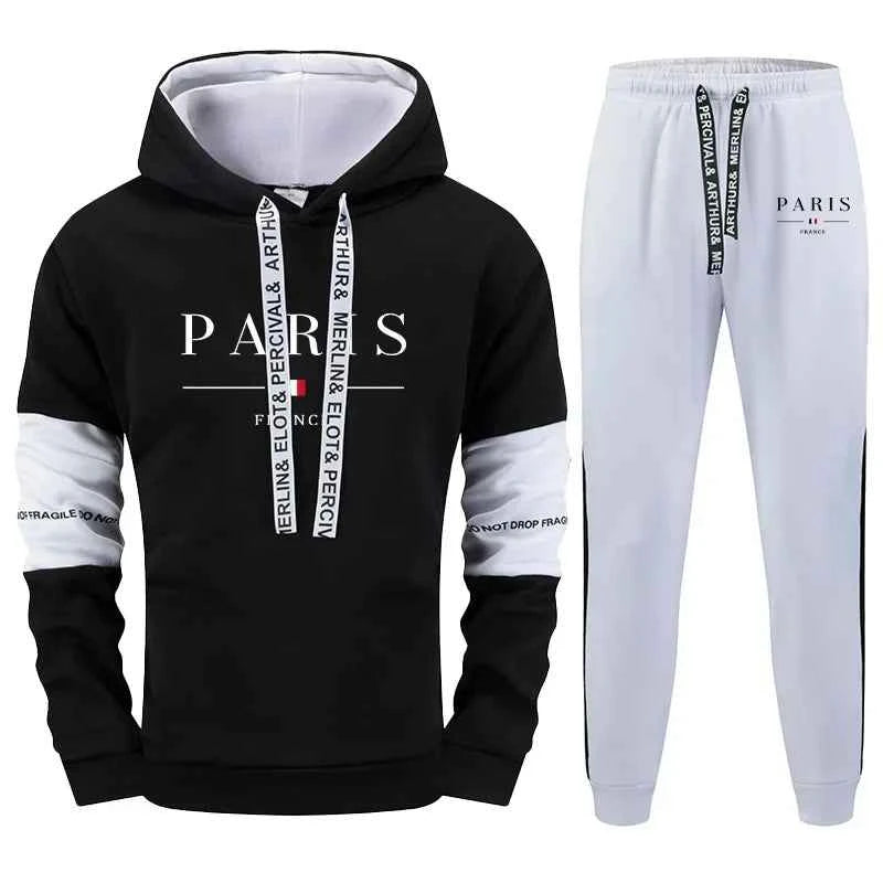 Men's Tracksuit Set Paris Print Hoodie and Sweatpants for Fall Winter Casual Sporty Jogging