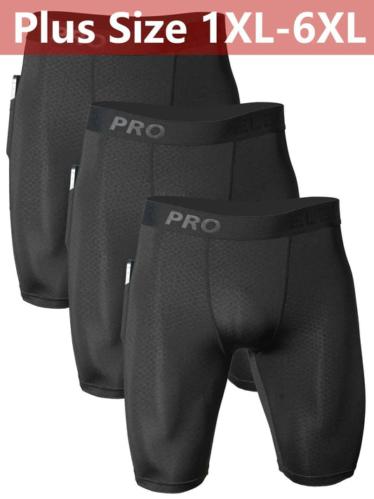 3pcs Men's Sports Underwear Plus Size with Side Pockets, Front Inner Pocket, Snake Pattern Embossed, 1XL-6XL