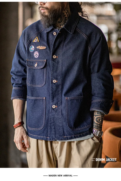 Maden Vintage Embroidered Badge 12.8oz Heavyweight Denim Jacket Washed Lapel Casual Outerwear for Men Spring and Fall Chore Coat