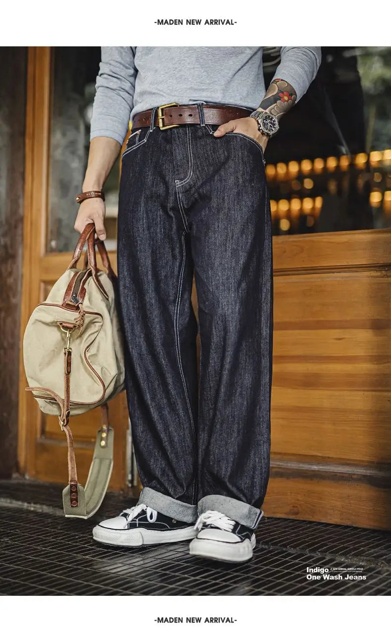 Maden Men's Vintage 12oz Washed Denim Jeans Straight Wide Leg Blue Trousers Loose Fit Zip Fly Casual Pants for Fall and Winter