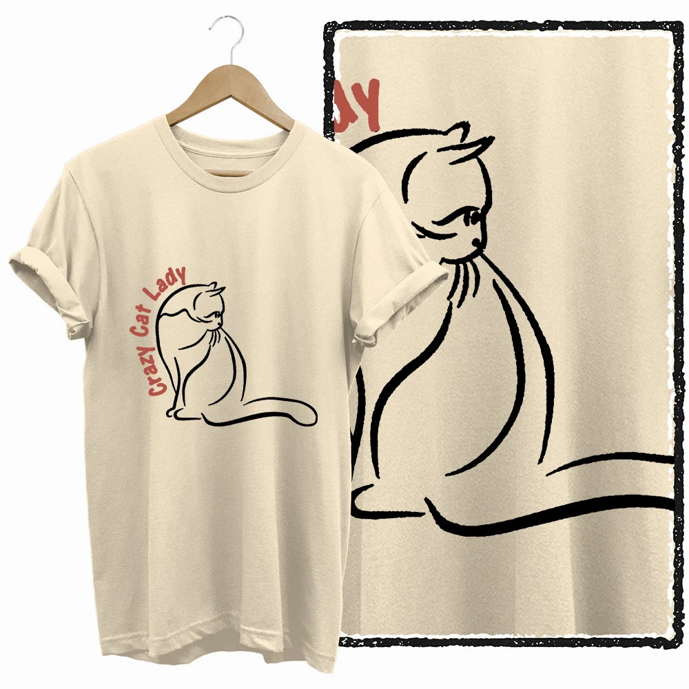 COOLMIND Beige Cat Graphic T-Shirt | Women's Relaxed Fit