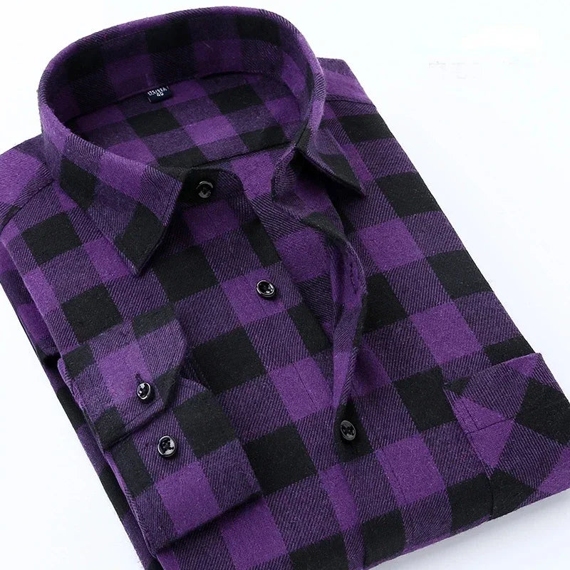 Pure Cotton Men's Plaid Shirt - Oversized Long Sleeve Casual Shirt for Plus Size