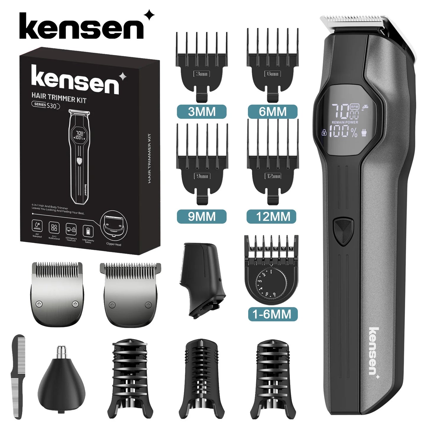 Kensen S30 Cordless Hair Clipper 4 in 1 Barber Grooming Kit with LED Display for Men - Rechargeable Beard and Nose Trimmer