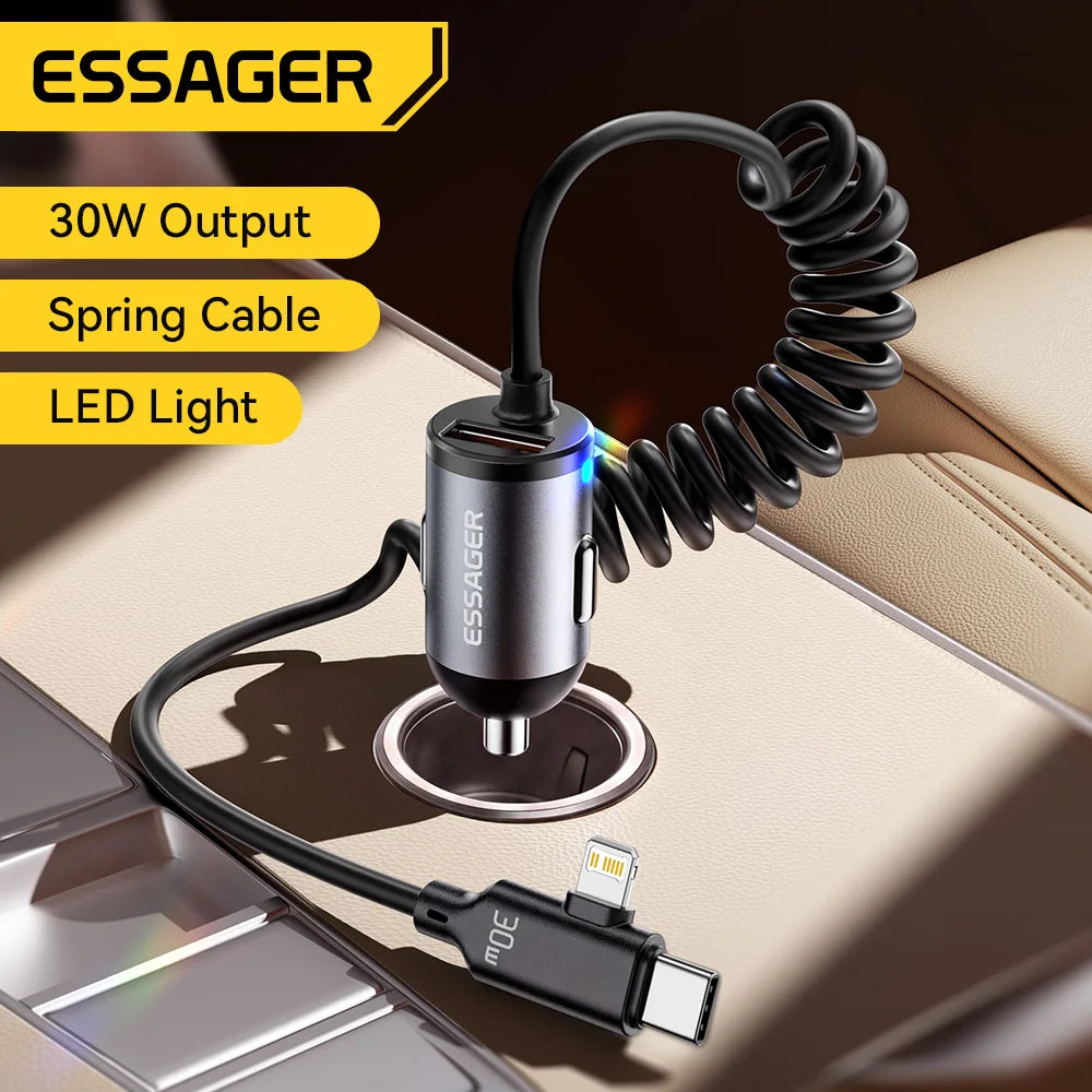 Essager 30W 2 In 1 Spring Cable Car Charger