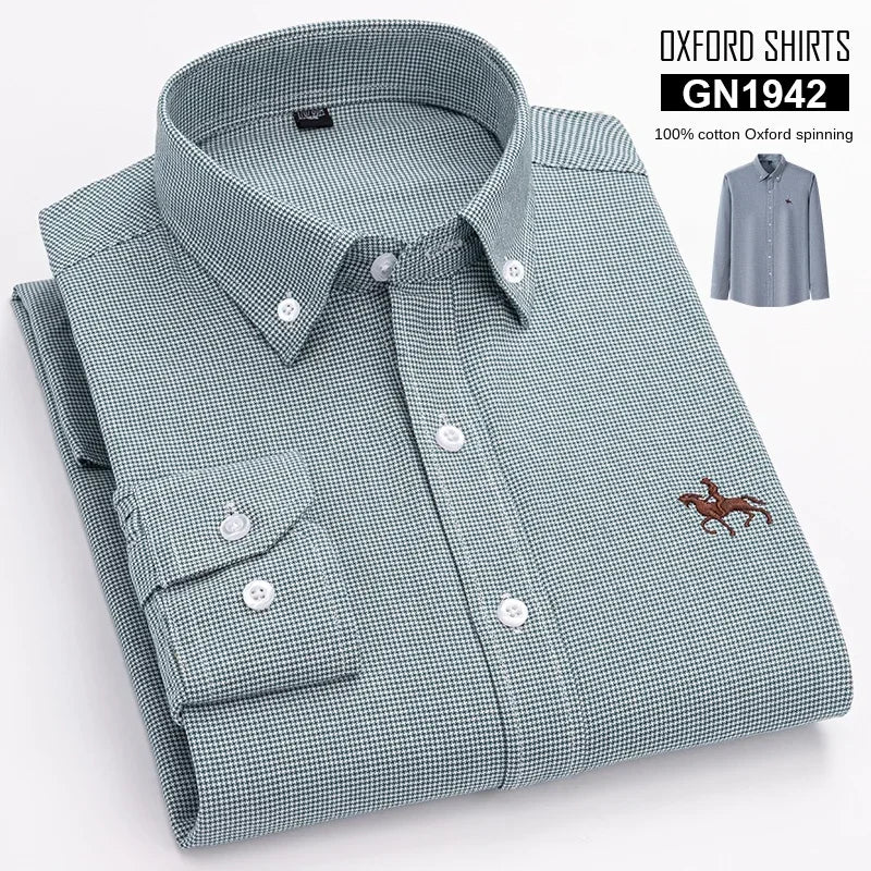 Pure Cotton Oxford Embroidered Horse Shirt for Men - Oversized Floral Long Sleeve Casual Streetwear Plus Size