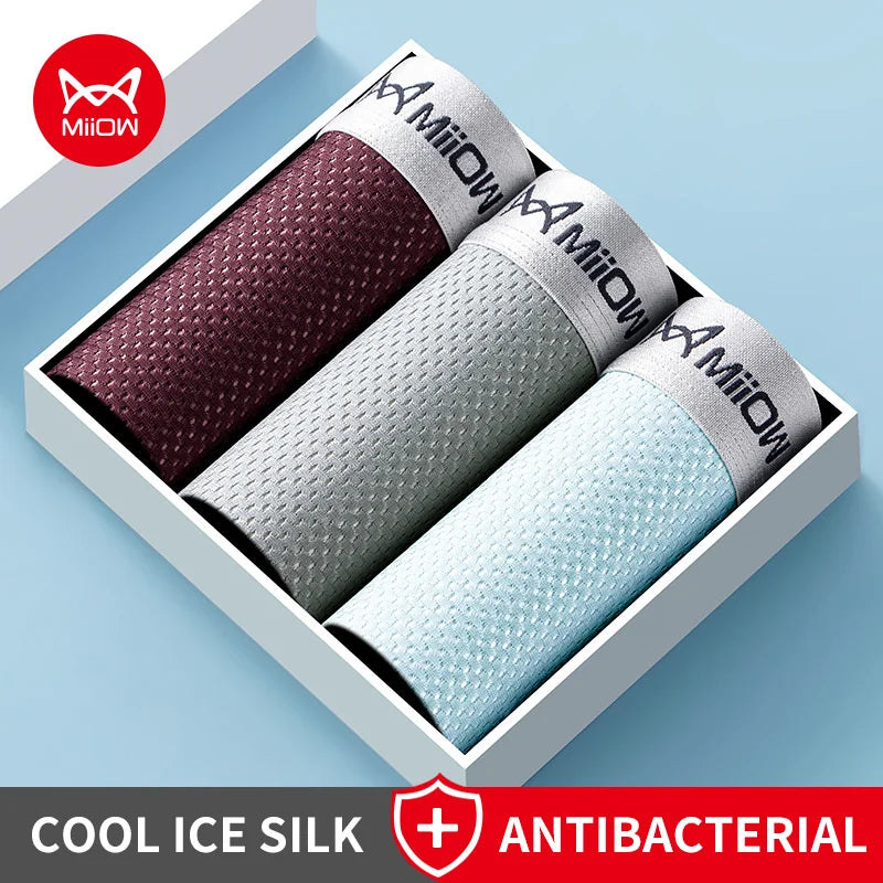 MiiOW Ice Silk Men's Underwear - 3Pcs Breathable Mesh Antibacterial Boxer Briefs