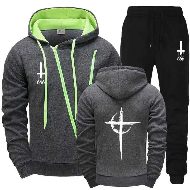 Satan Cross Tracksuit Mens Hoodie and Sweatpants Urban Streetwear