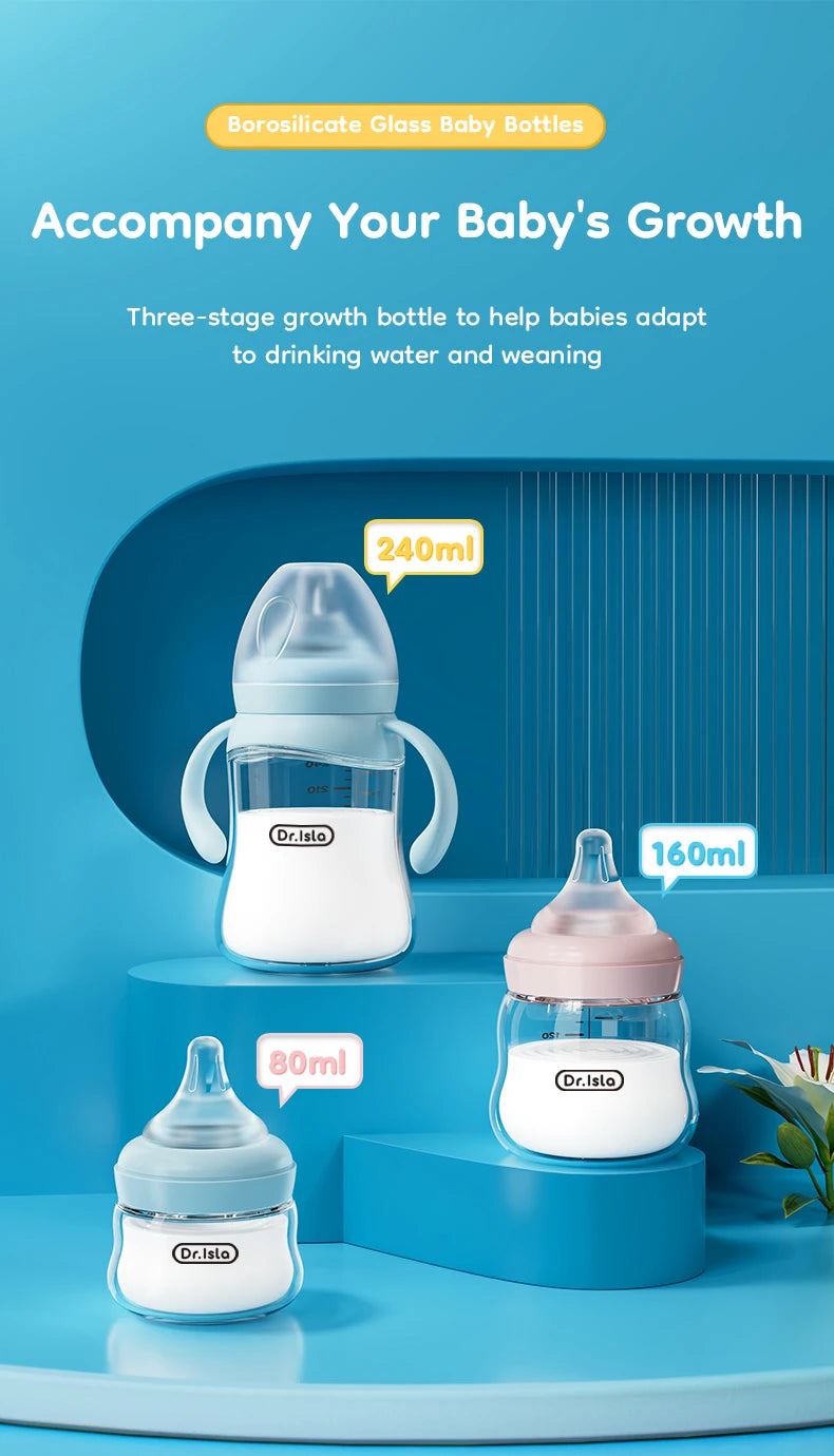 MAMIJOY Baby Glass Bottle High 80/160/240ml Borosilicate Wide-mouthed Anti-bloating Clear Scale Feeding Bottle BPA＆BPS-FREE GB61