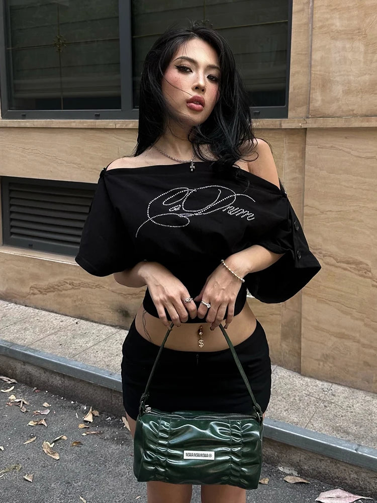 Kliou Rhinestone Decoration T-Shirt