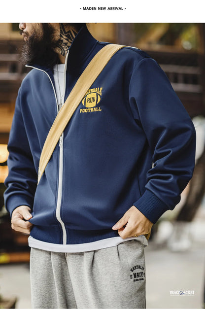 Maden Casual College Style Color-Block Embroidered Jacket Men's Spring Stand Collar Loose Fit Coat Zip-Up Retro Hoodie Cardigan
