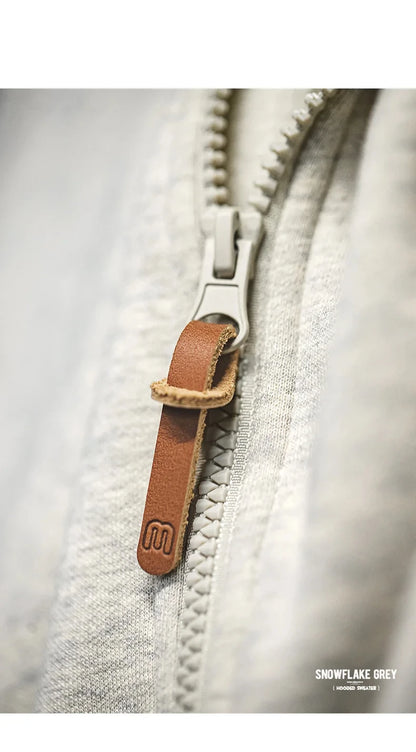 Maden Gray Hooded Sweatshirt for Men Polar Fleece Lining Thickened Warm Zippered Sports Cardigan Autumn and Winter Outer Jacket