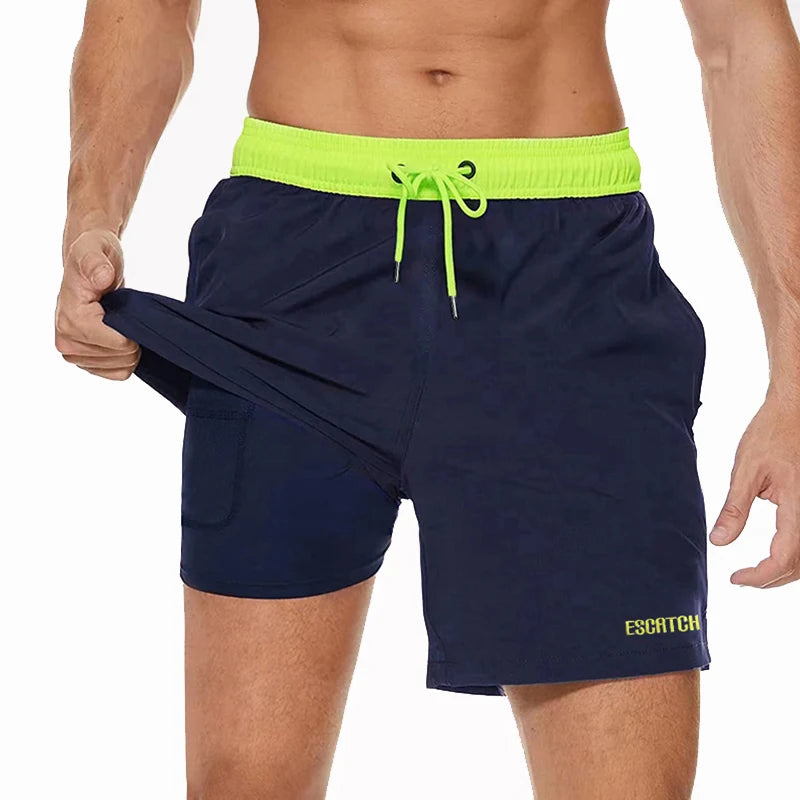 Men's DATIFER 2026 beach embroidery logo boardshorts with long lining, elastic waistband, suitable for swimming and gym activities.