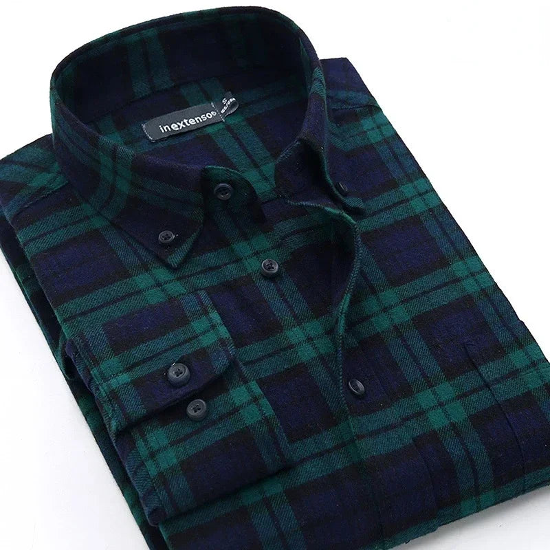 Pure Cotton Men's Plaid Shirt - Oversized Long Sleeve Casual Shirt for Plus Size