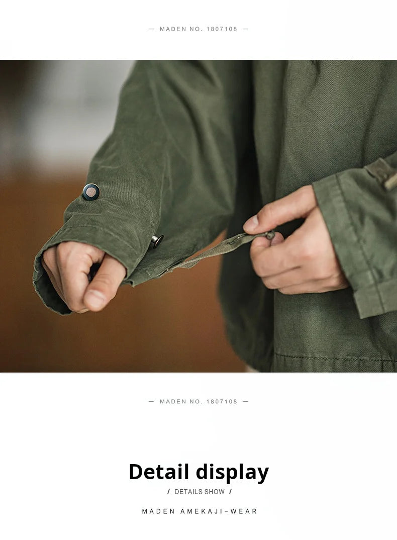 Maden Retro Green Deck Jacket Hooded Sweatshirt wtih Drawstring Collar Cuffs Adjustable Design Windbreaker Pullover for Men