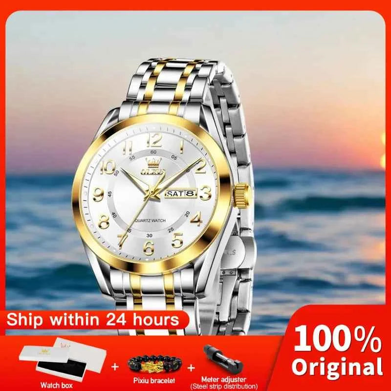 OLEVS 3666 Men's Watch - Waterproof Luminous Dual Calendar Big Dial Quartz Watch with Original Roman Numerals