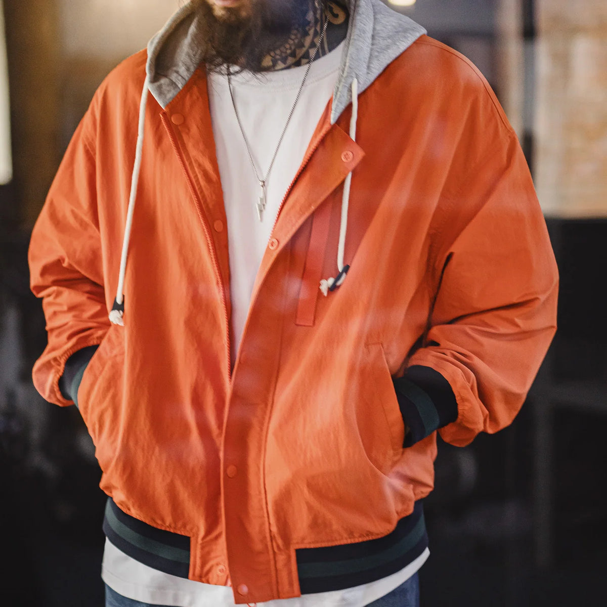 Maden Men's Retro Patchwork Color-Block Hooded Flight Jacket Orange Bomber Jacket Casual Zip-Up Lightweight Spring Fall Outwear