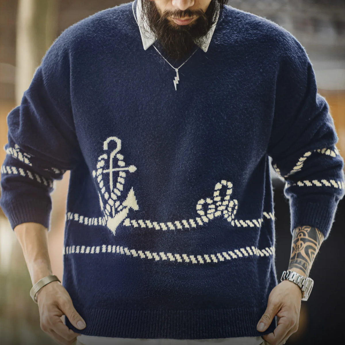 MADEN Blue Cable-Knit Crew-Neck Sweater