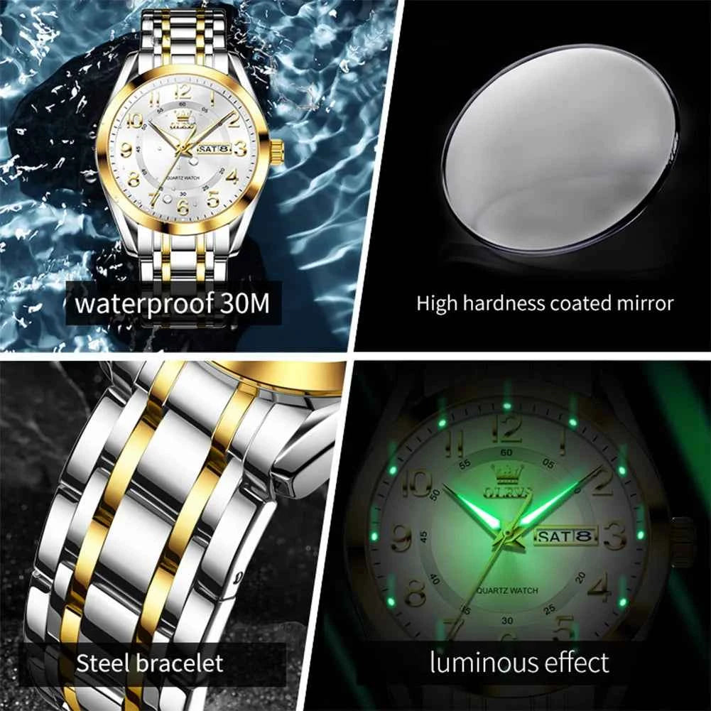 OLEVS 3666 Men's Watch - Waterproof Luminous Dual Calendar Big Dial Quartz Watch with Original Roman Numerals