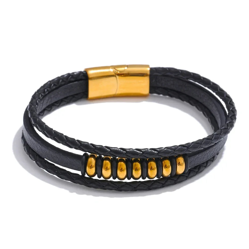 Stylish Black Fibre Leather Layered Men's Wrist Bracelet Bangle - ShopHub