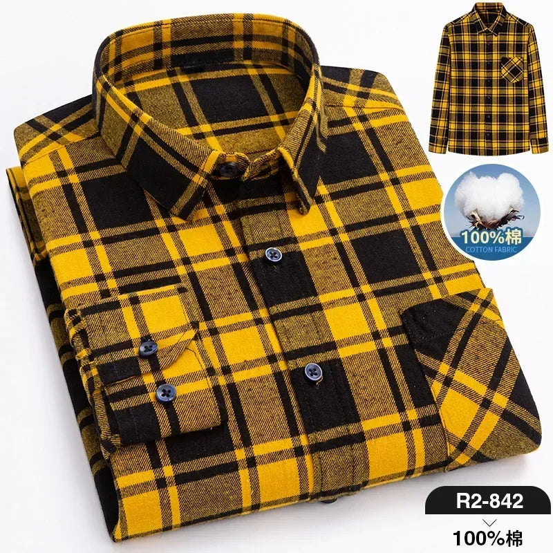 Pure Cotton Men's Plaid Shirt - Oversized Long Sleeve Casual Shirt for Plus Size