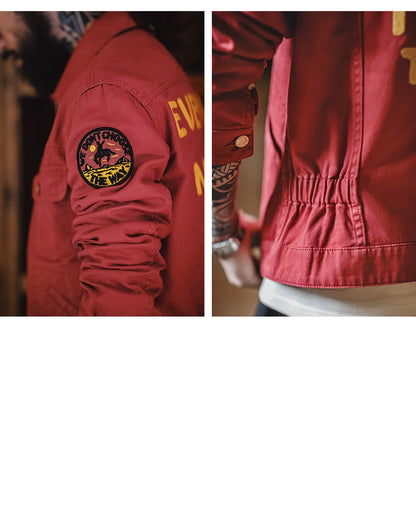 Maden New Vintage Heavy-Duty Letter Embroidered 12MJZ Jacket Red Slim-Fit Canvas Lapel Coat Men's Spring Zip-Up Casual Outerwear