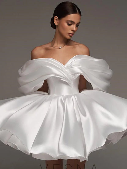 Smileven A Line Soft Satin Off The Shoulder Short Wedding Dress
