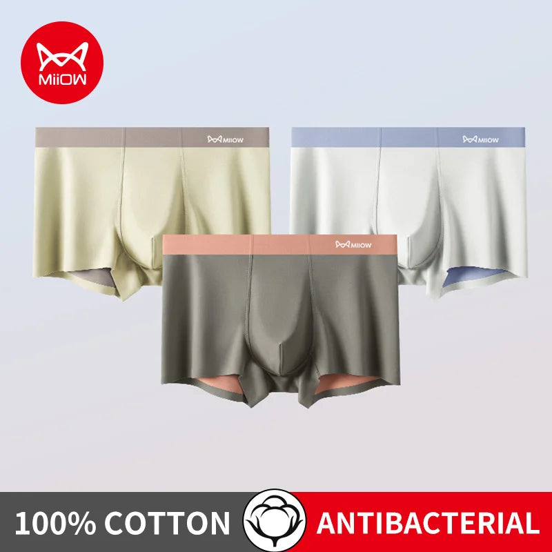 MiiOW Men's Cotton Underwear 3Pcs Silky Softness Antibacterial Boxers