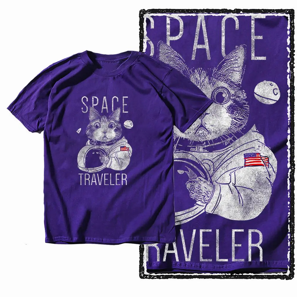G49 Purple Big Size Cool 100% Cotton  Men's Cat Printed Graphic T-shirt |  Streetwear O-neck men's Tee Tshirt