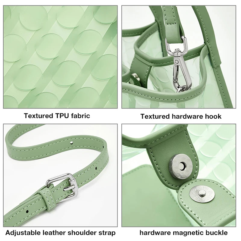 FOXER Light Green Women's Tote Bag, Fashion Waterproof TPU Handbag for Summer Travel & Commute, Lightweight Lady's Shoulder Bag