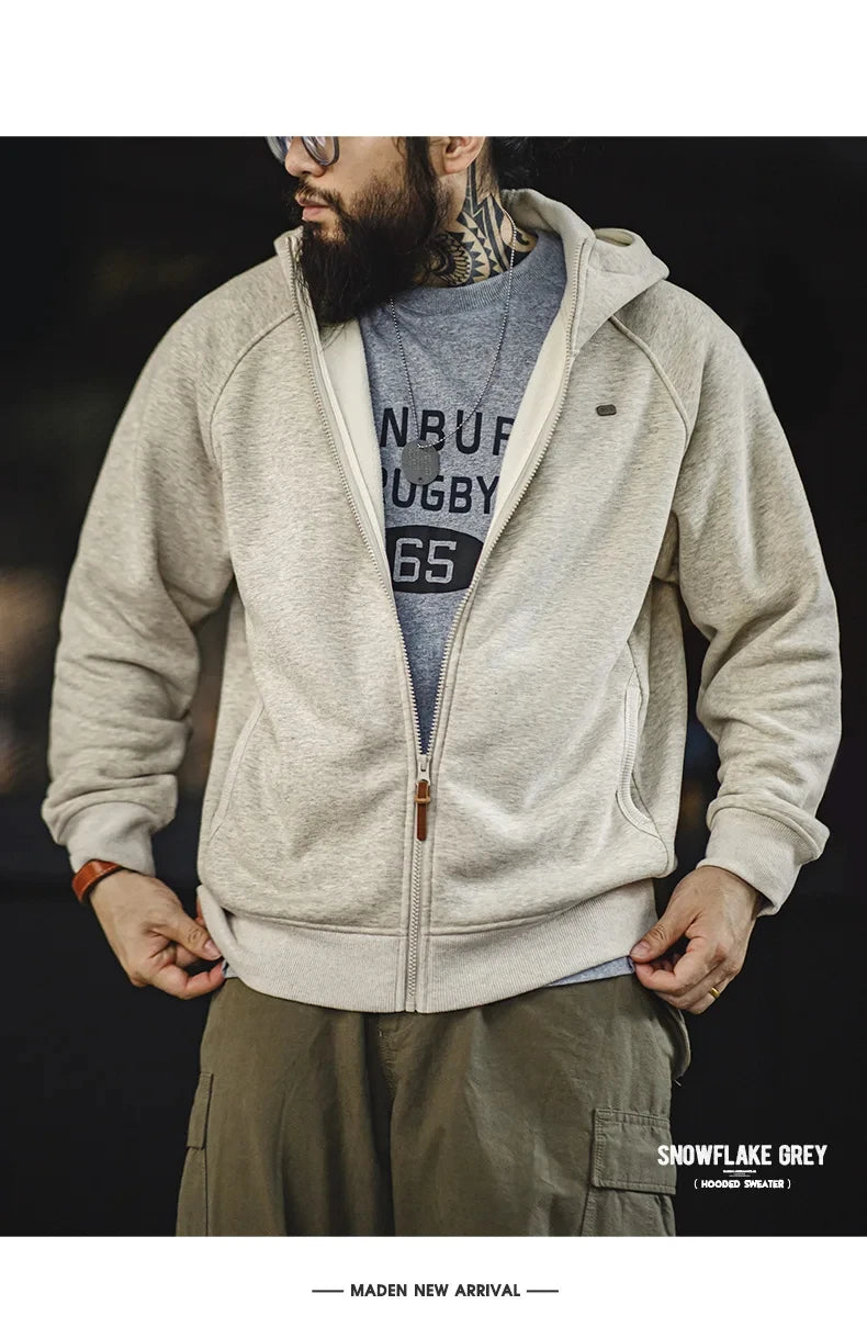 Maden Gray Hooded Sweatshirt for Men Polar Fleece Lining Thickened Warm Zippered Sports Cardigan Autumn and Winter Outer Jacket