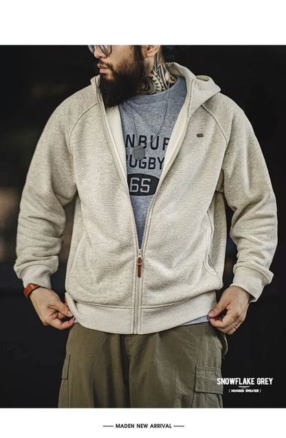 Maden Gray Hooded Sweatshirt for Men Polar Fleece Lining Thickened Warm Zippered Sports Cardigan Autumn and Winter Outer Jacket