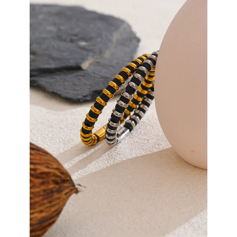 65mm Distinctive Stainless Steel Leather Metal Beads Bracelet Bangle - ShopHub