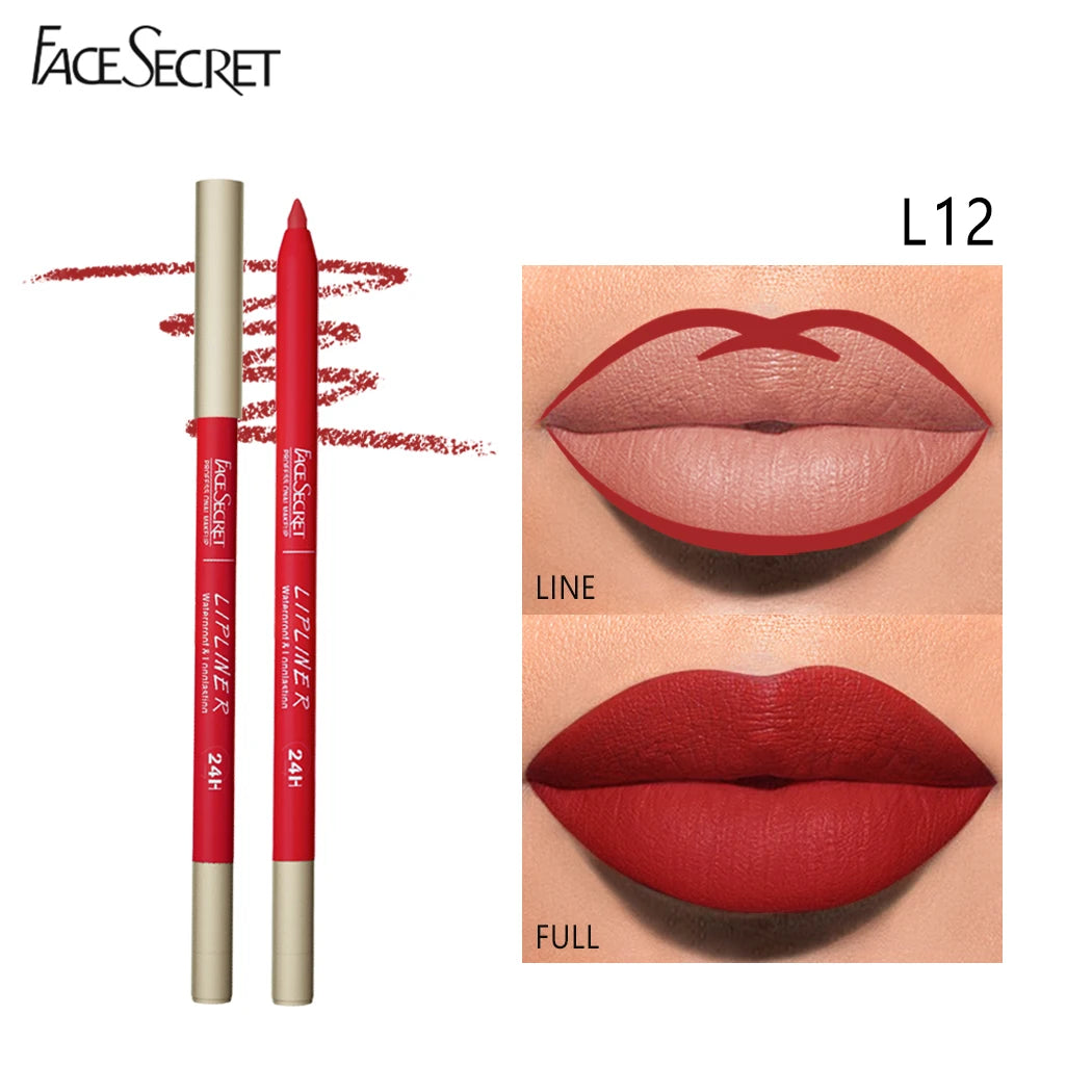 Face Secret 12 Colour Lipliner makeup set with a variety of colorful lipliner pencils arranged in a sleek palette.