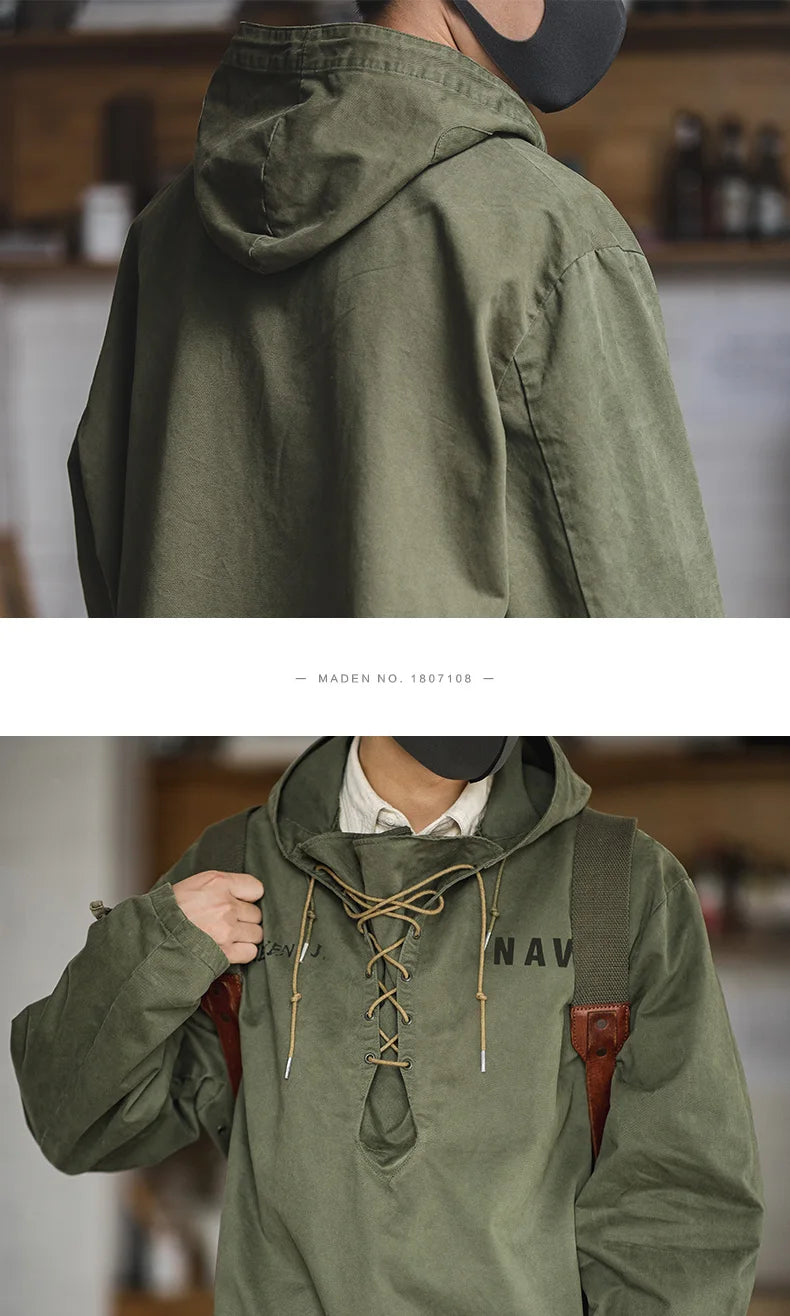 Maden Retro Green Deck Jacket Hooded Sweatshirt wtih Drawstring Collar Cuffs Adjustable Design Windbreaker Pullover for Men