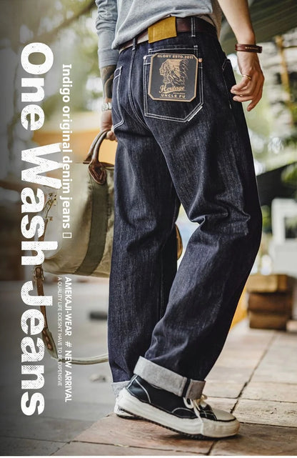 Maden Men's Vintage 12oz Washed Denim Jeans Straight Wide Leg Blue Trousers Loose Fit Zip Fly Casual Pants for Fall and Winter
